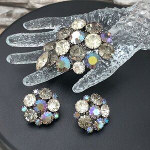 Vintage Karu Arke Art Glass Smokey Gray Aurora Borealis Brooch Pin Clip Earrings